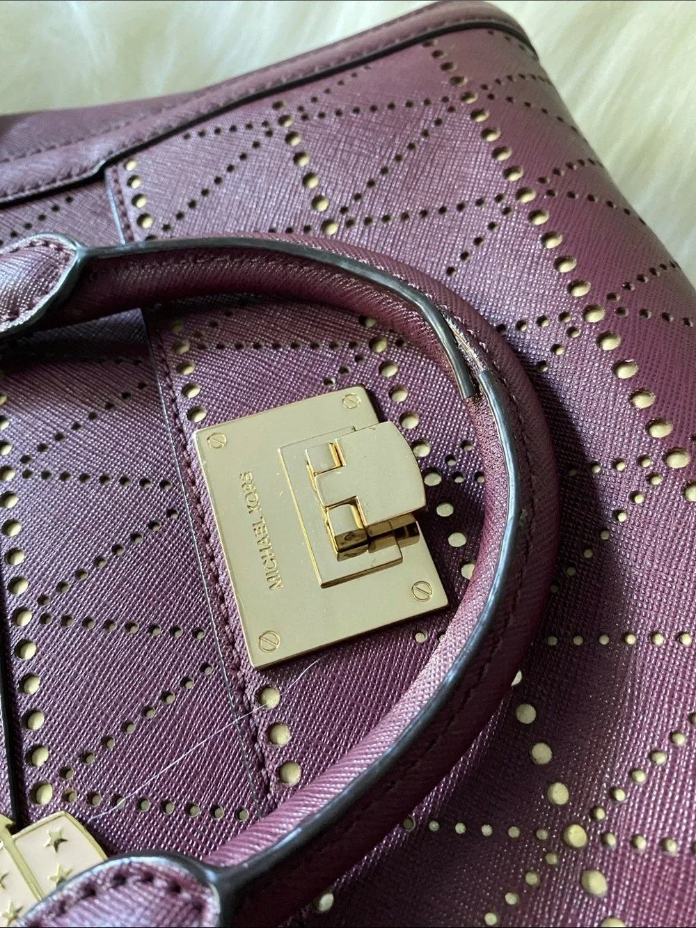 Michael Kors Small Tina Top Zip Messenger Satchel/ Shoulder Bag in Plum and Gold